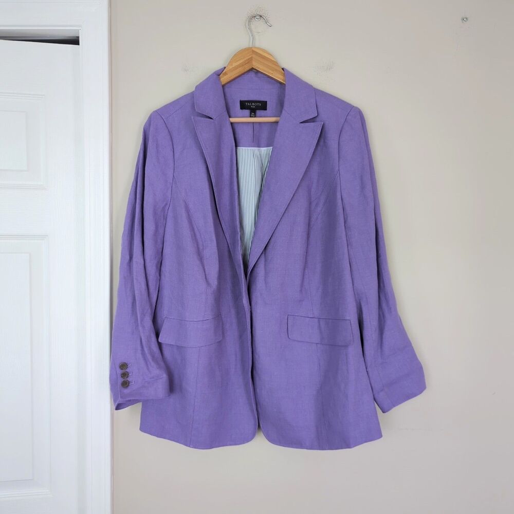 Talbots NWOT Women's Linen Contrast Lined Blazer Purple Single Button 14 Plus
